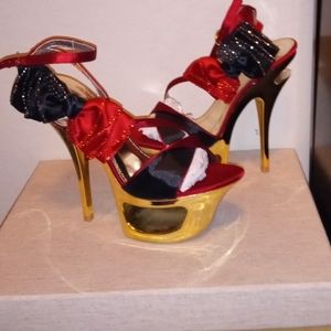Machi Gold Platform High Heels Rhinestone Satin Bows Ankle Strap Gold Heels 6.5